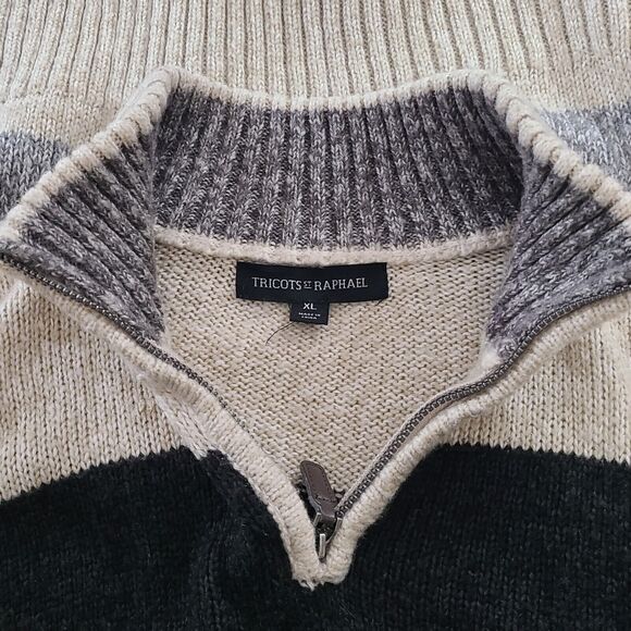 Tricots St Raphael Men's Sweater 1/4 Zip Pullover Tan Black Gray Stripe XL - Picture 5 of 7
